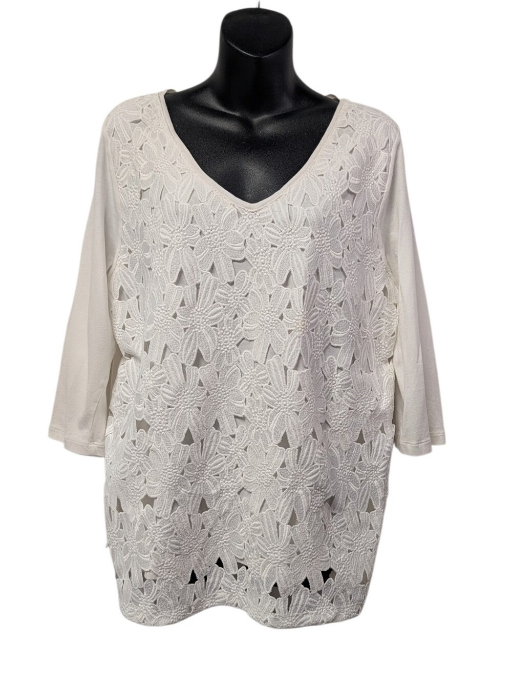J. Jill Womens White V-Neck Floral Lace 3/4 Sleeve Pullover Blouse Size L